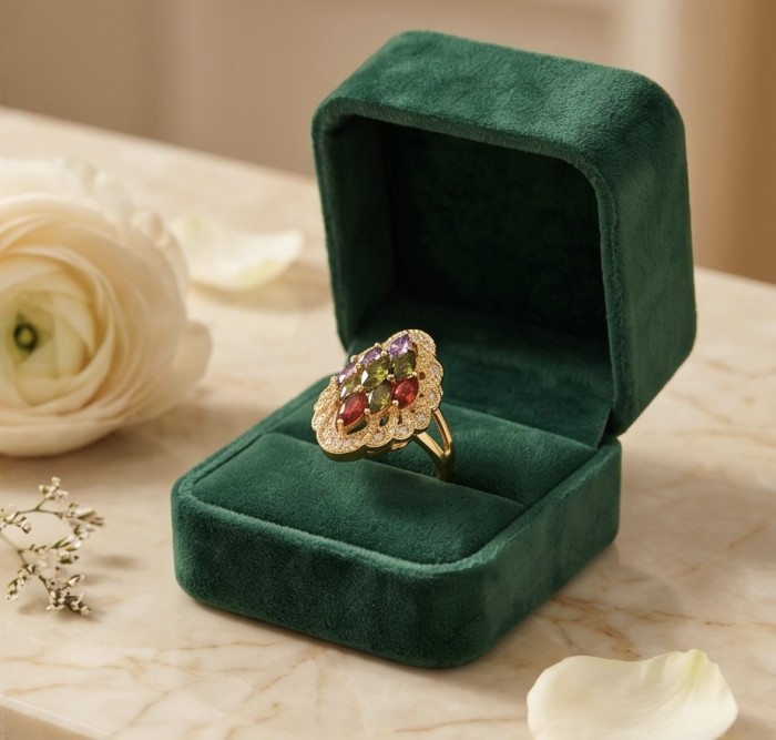 Classy Beauty - authentic 8.7 carat multigem .925 Sterling Silver dipped in 14K Gold Eternity Ring size 6 - Multigem ring in green velvet box, angled view.