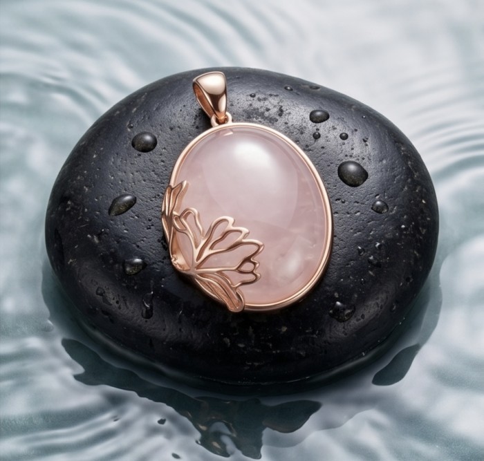 Brazilian Beauty 30.9 carat ROSE QUARTZ 18K Gold over .925 Sterling Silver handcrafted pendant - Rose quartz pendant on wet black stone, front view, gold floral design.