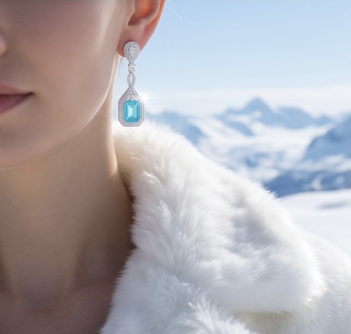 Bellissima Incredible 12.5 carat Paraiba Tourmaline .925 Sterling Silver entirely handmade earrings - Side view of woman wearing Bellissima 12.5 ct Paraiba Tourmaline earring