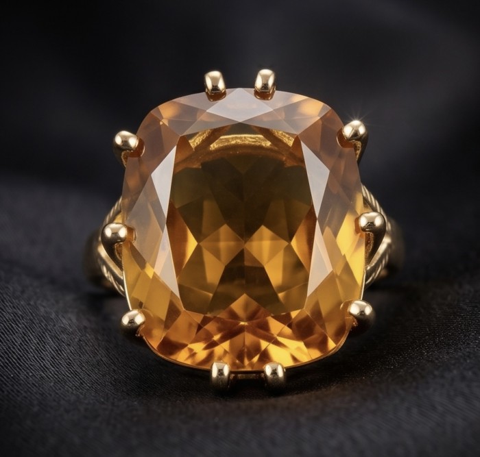 Liliana 24.5 carat Champagne Smoky Topaz .925 Sterling Silver dipped in real 18K Gold Oversized Ring size 6 - Close-up of Liliana 24.5 ct Champagne Smoky Topaz ring on black background