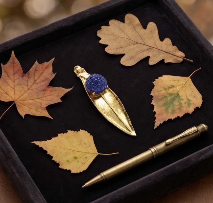 Stylish REAL Leaf dipped in Real gold mystery setting 5.2 carat Sapphire .925 Sterling Silver Pendant - Gold leaf jewelry with blue stone, surrounded by autumn leaves and pen.