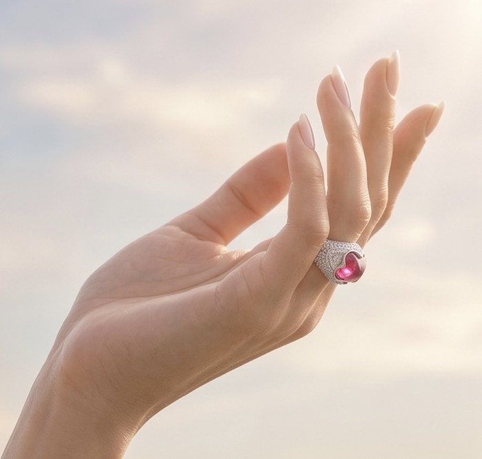 Bella Rosa Natural 5.8 carat Pink Tourmaline .925 Sterling Silver handmade Statement Ring size 7 - Hand wearing Bella Rosa Pink Tourmaline ring against sky background.