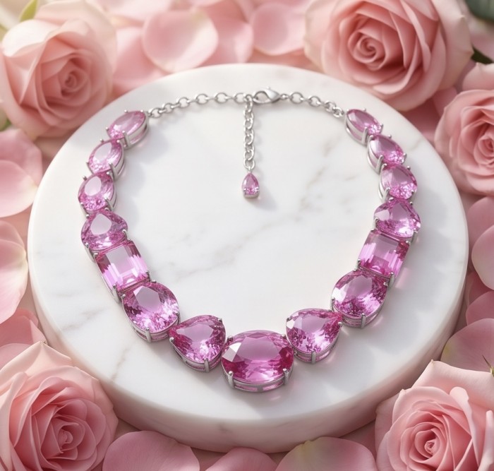 Tiffany - Magnificent 243.5 carat Pink Sapphire .925 Sterling Silver handcrafted Large Statement necklace - Pink sapphire necklace on marble, top view, surrounded by pink roses.