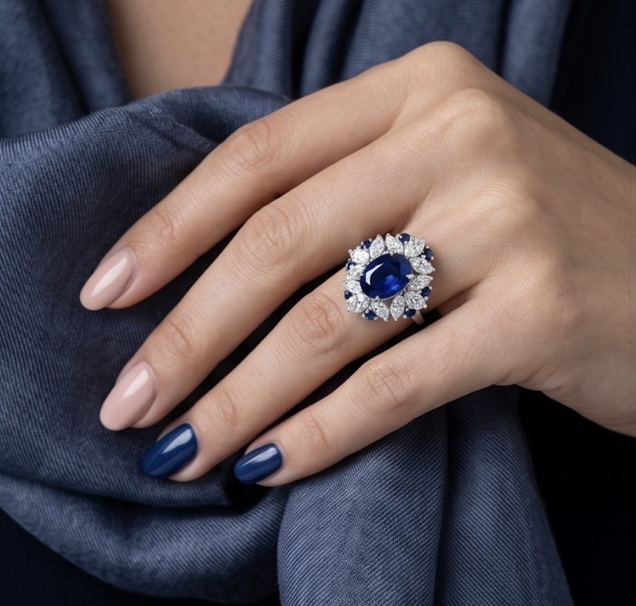 Julietta 20.5 carat Sapphire .925 Sterling Silver handmade Statement ring size 7 1/4 - Hand wearing Julietta sapphire ring; front view with blue and white stones