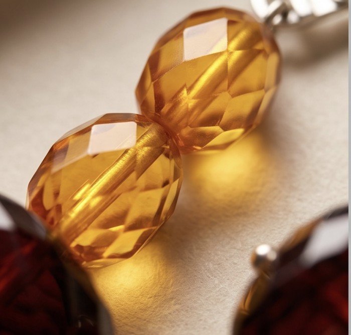 Luminous fossilized Beauty natural Baltic Amber .925 Sterling Silver entirely handcrafted earrings - Close-up of faceted Baltic amber beads with silver accents.