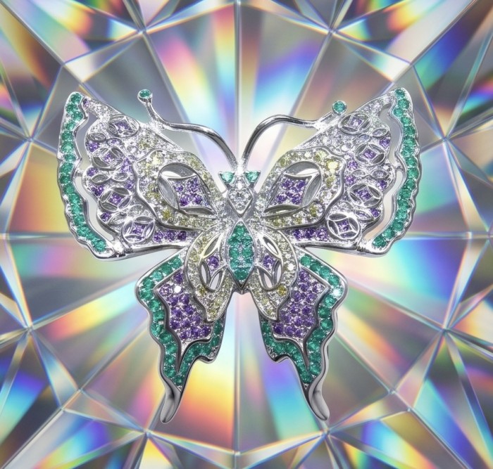 Vintage Design - Green Butterfly - Genuine 3.2 carat Colombian Emerald .925 Sterling Silver handmade Pendant Brooch - Front view of vintage-style green butterfly jewelry with gemstone details.