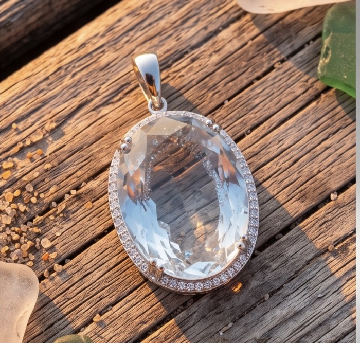 Angelina 10.9 carat authentic White Topaz .925 Sterling Silver Handcrafted handmade Pendant - Close-up of Angelina White Topaz pendant on wood background