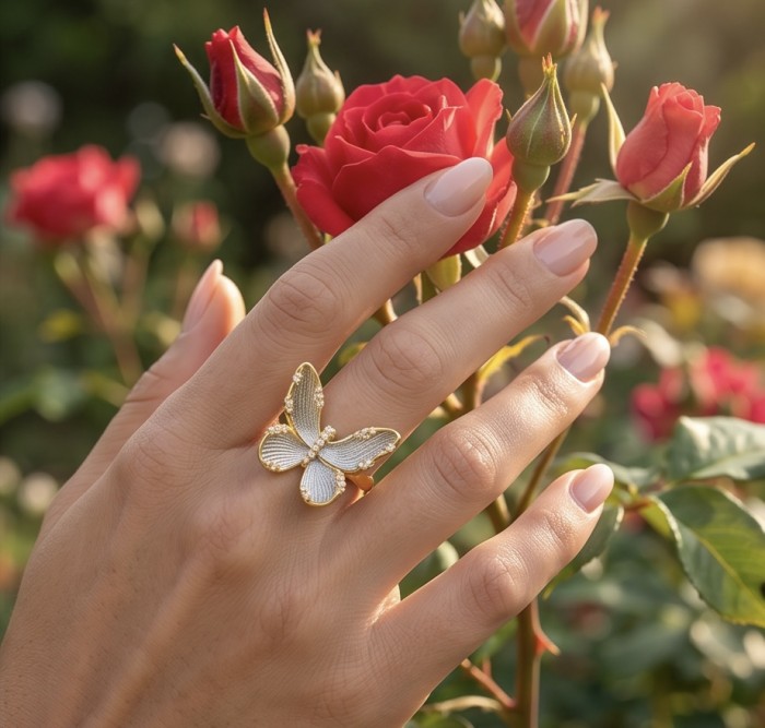 Golden Butterfly White Topaz highly polished 18K Gold over .925 Sterling Silver Italy made ring s. 7 - Butterfly ring on hand amidst red roses, 18K gold with white topaz.