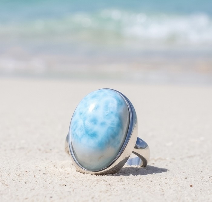 Blue Perfection 22.9 carat natural Larimar .925 Sterling Silver handmade Large ring size 7 adjustable - Close-up of Blue Perfection Larimar ring on sandy beach background