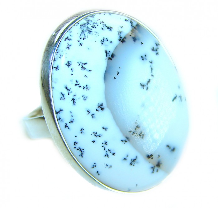 Top Quality Dendritic Agate .925 Sterling Silver handcrafted Ring s. 8 adjustable - Close-up of dendritic agate ring in .925 sterling silver setting.
