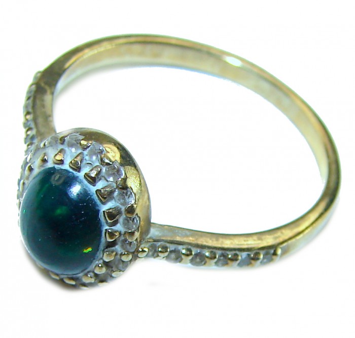 A COSMIC POWER Genuine 1.2 carat Black Opal 18K Gold over .925 Sterling Silver handmade Ring size 8 - Black Opal 18K Gold Ring, stone close-up and band detail view.