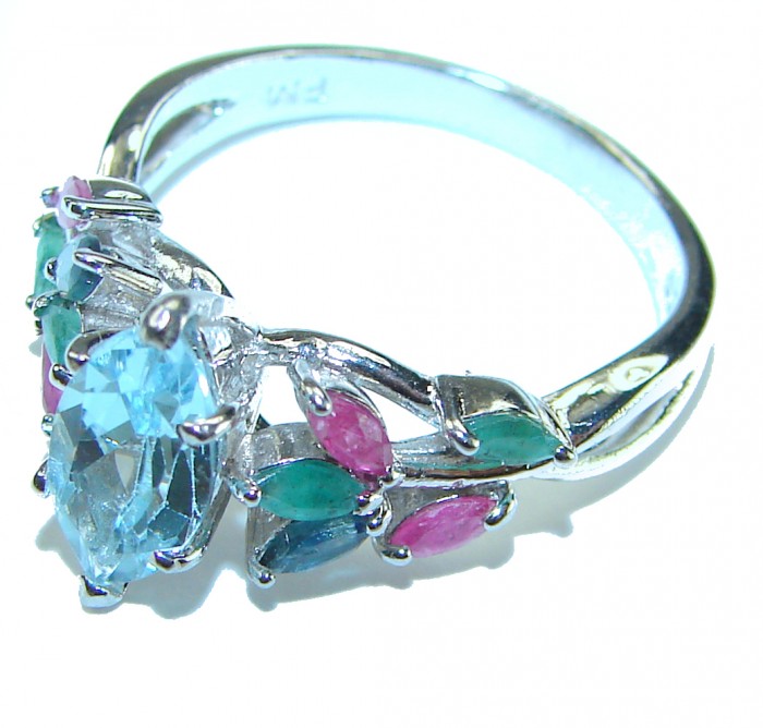 Blue Angel marquise cut 4.8 carat Swiss Blue Topaz .925 Sterling Silver handcrafted ring size 8 - Side view of Blue Angel marquise cut Swiss Blue Topaz ring