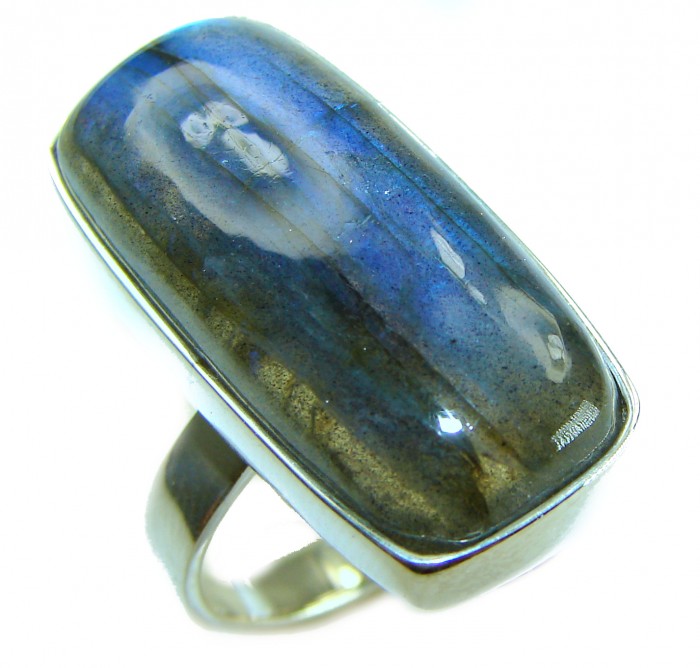 Shimmering Natural Labradorite .925 Sterling Silver handcrafted Large ring size 8 adjustable - Close-up of labradorite sterling silver ring from above.