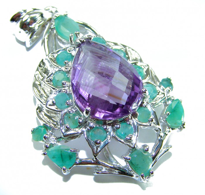Countless Blessings Genuine 15.5 carat Authentic Amethyst Emerald .925 Sterling Silver handmade Pendant - Amethyst and gemstone pendant, close-up, highlighting center stone.