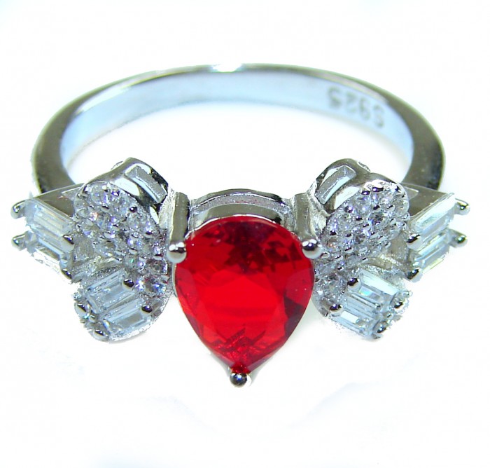 Natural 4.5 carat Ruby .925 Sterling Silver handmade Statement Ring size 6 1/4 - Ruby ring in sterling silver, close-up angle showing stones and setting.