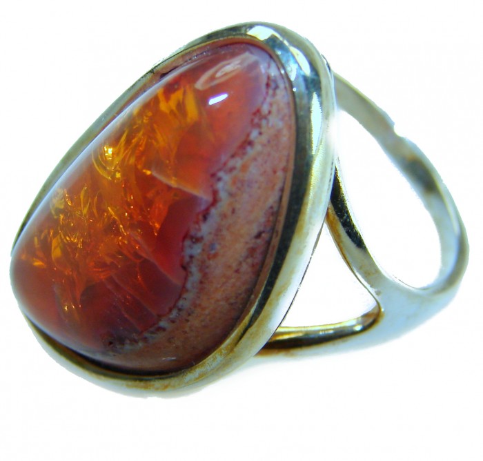 Queen of Fire best quality 20.4 carat Mexican Opal .925 Sterling Silver handmade ring 8 1/4 - Close-up of 20.4 carat Mexican Opal ring in .925 sterling silver.