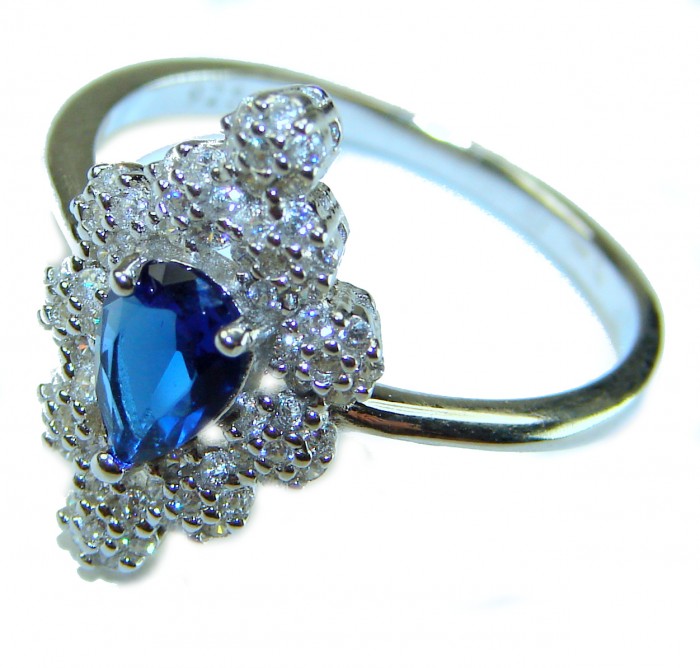 Born to Glam 2.2 carat natural Sapphire .925 Sterling Silver Perfectly handcrafted Ring s. 9 - Close-up of sapphire ring with diamond accents on sterling silver band.