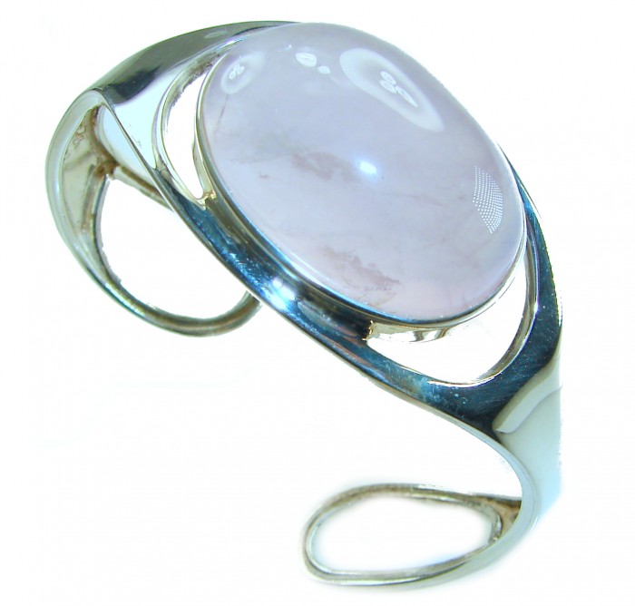 Genuine 51.5 carat Brazilian Rose Quartz .925 Sterling Silver handcrafted Bracelet / Cuff - Side view of Brazilian rose quartz in sterling silver setting.