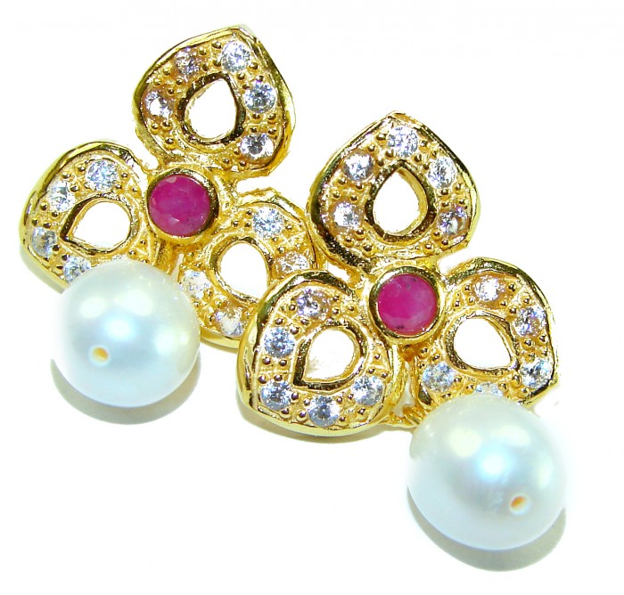Magnificent Jewel 4.5 carat Ruby 14K Gold over .925 Sterling Silver handcrafted incredible earrings - Gold and gemstone earrings with pearl drops, front view close-up.