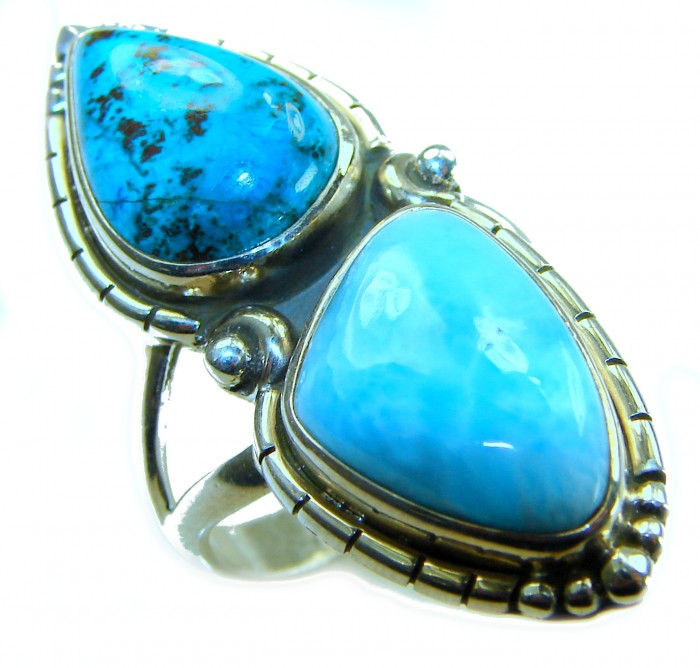 Duo Perfection Blue Larimar Turquoise .925 Sterling Silver handmade Large ring size 8 - photo 3