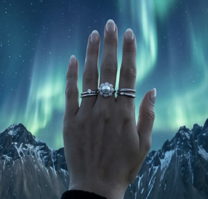 Authentic rare Pearl .925 Sterling Silver handcrafted ring; s. 7 3/4 - Hand wearing pearl and silver rings under Northern Lights.