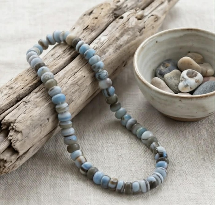 Rare and Spectacular 225.9 carat authentic Andean (Peruvian) Blue Opal .925 Sterling Silver Handcrafted necklace - Beaded necklace on driftwood, with a bowl of stones nearby.