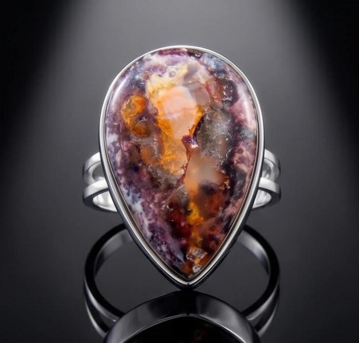 Bonfire Night best quality 28.7 carat Mexican Opal .925 Sterling Silver handmade ring 8 - Close-up of Mexican Opal ring on black background.