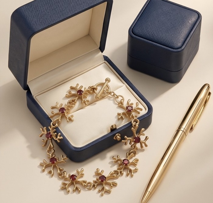 Authentic 5.2 carat Garnet .925 Sterling Silver dipped in real 14K rose gold handmade Bracelet - Gold bracelet with garnet stones in open blue box, top view.
