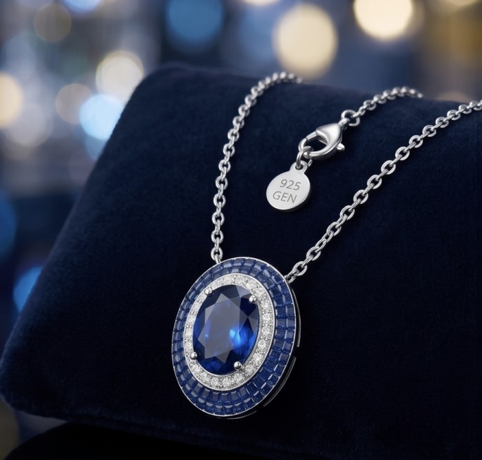 Born to Glam 12.2 carat Sapphire .925 Sterling Silver .925 Sterling Silver Statement Necklace - Close-up of Born to Glam sapphire pendant on sterling silver chain