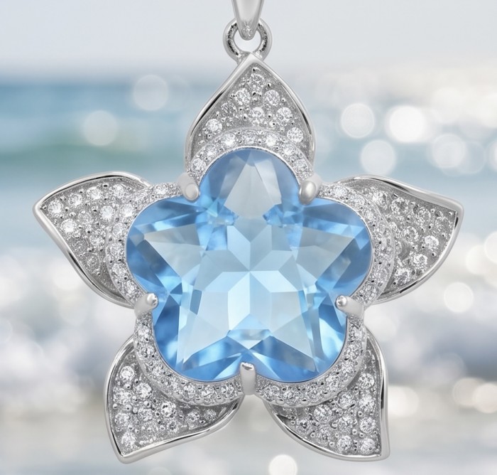 Forget -Me- Not flower 9.7 carat genuine Swiss Blue Topaz .925 Sterling Silver handmade Statement Pendant - Close-up of Forget-Me-Not pendant with Swiss Blue Topaz and diamonds