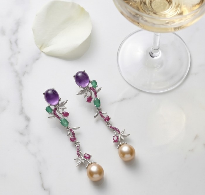Tiffany Genuine Pearl 10.2 carat Amethyst rhodium over .925 Sterling Silver handcrafted Long Statement Earrings - Earrings with amethyst, emeralds, and pearls on a marble surface.