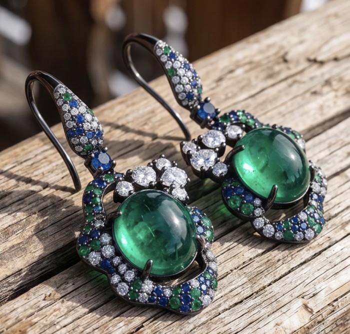 Tiffany - Authentic 10.5 CARAT Siberian Chrome Diopside black rhodium .925 Sterling Silver handcrafted earrings - Close-up of intricate earrings with green and blue gemstones