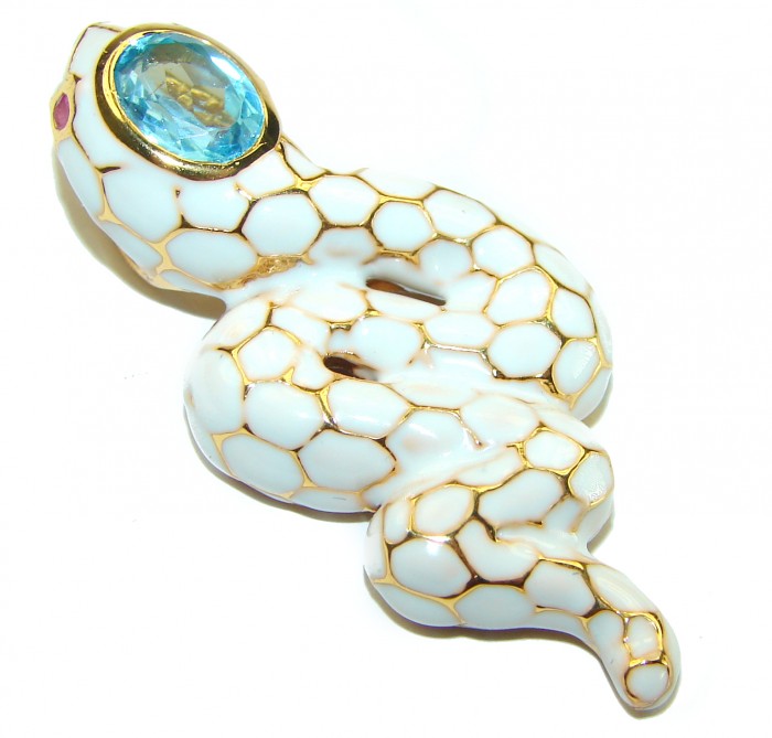 INCREDIBLE Natural Swiss Blue Topaz Enamel Snake 18K Gold over .925 Sterling Silver Pendant - photo 1
