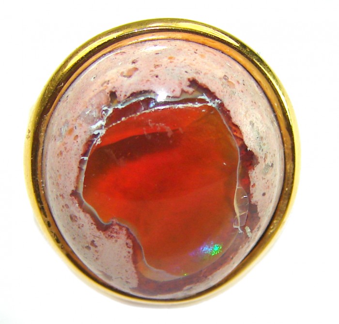 Inner Fire best quality 15.4 carat Mexican Opal 18K Gold over .925 Sterling Silver handmade ring 6 - Close-up of 15.4 carat Mexican Opal in 18K gold setting.