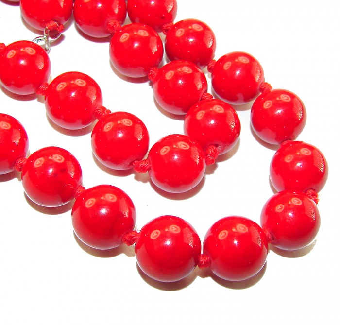 55.5 grams! Sublime Red Fossilized Coral Sterling Silver handmade Necklace - Close-up of red fossilized coral beads necklace with visible knotting.
