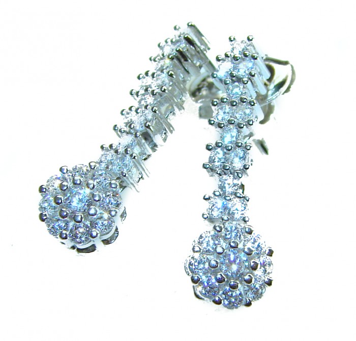 Art Deco 5.2 carat White Topaz .925 Sterling Silver handcrafted earrings - Topaz earrings, close-up angle, highlighting stones and silver detail.