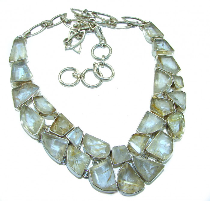 One of the kind Nature inspired 174.5 carat Sublime Golden Rutilated Quartz Sterling Silver handmade necklace - Top view of asymmetrical stone necklace with metal chain and clasp detail