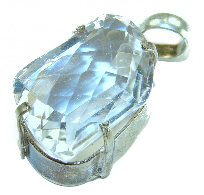 28.8 carat White Topaz .925 Sterling Silver Handcrafted Statement Pendant - Close-up of 28.8 carat white topaz in .925 silver setting