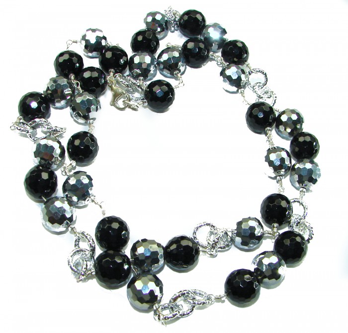 34 inches authentic Onyx Crystal .925 Sterling Silver handmade Station Necklace - Onyx crystal necklace with faceted beads and silver detail, top view.