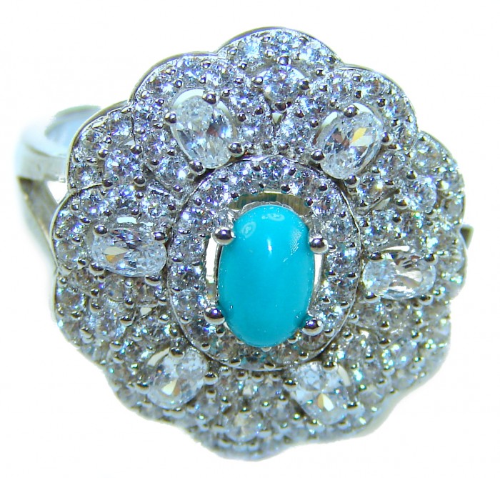 Art Deco - Pacifica - 3.4 carat Sleeping Beauty Turquoise .925 Sterling Silver handmade Statement Ring size 7 1/4 - Close-up of Art Deco ring with Sleeping Beauty Turquoise and diamonds
