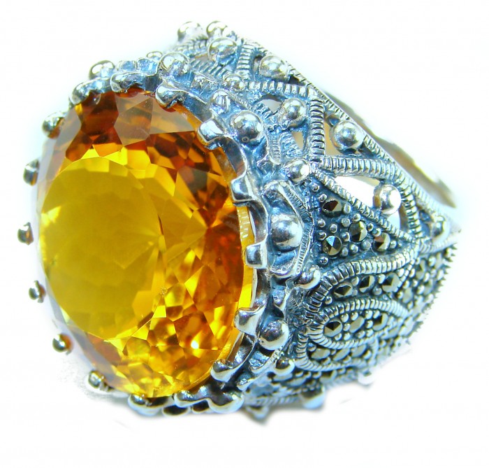 Serenity Natural 38.4 carat GOLDEN Topaz Marcasite .925 Sterling Silver handmade Large Statement Ring size 8 - Close-up of Serenity 38.4ct golden topaz ring with marcasite, side view.