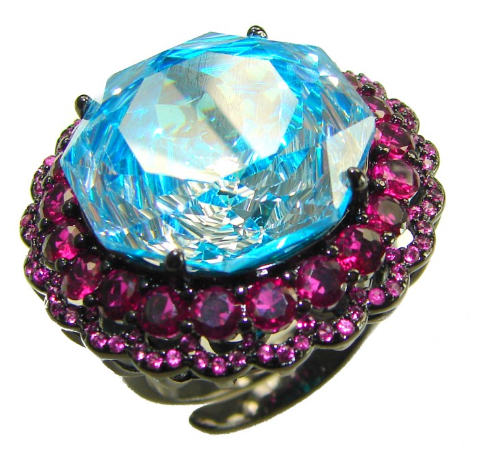 Stella Authentic 24.4 carat Blue Topaz Black rhodium over .925 Sterling Silver Handcrafted Ring size 7 adjustable - photo 4