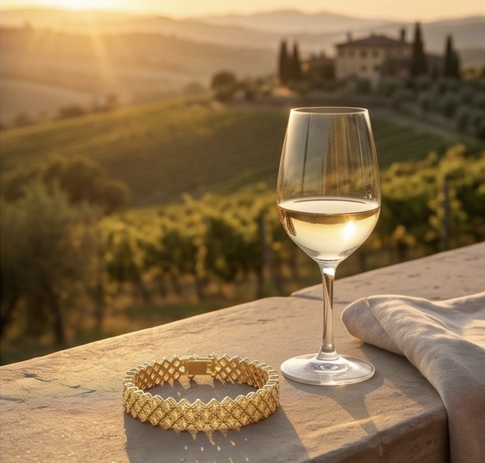 Melissa - Great Masterpiece 32.2 carat genuine Peridot 18K Gold over .925 Sterling Silver handmade Statement bracelet - Bracelet with wine and vineyard backdrop at sunset, side view.