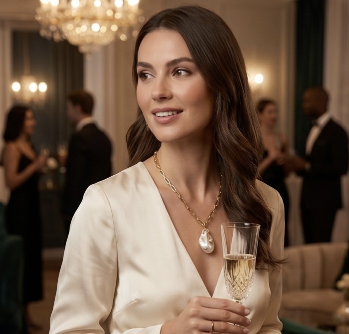 Precious Mother of Pearl 18K Gold over .925 Sterling Silver .925 Sterling Silver Necklace; 16 inches long - Woman wearing necklace with pearl pendant at elegant event.
