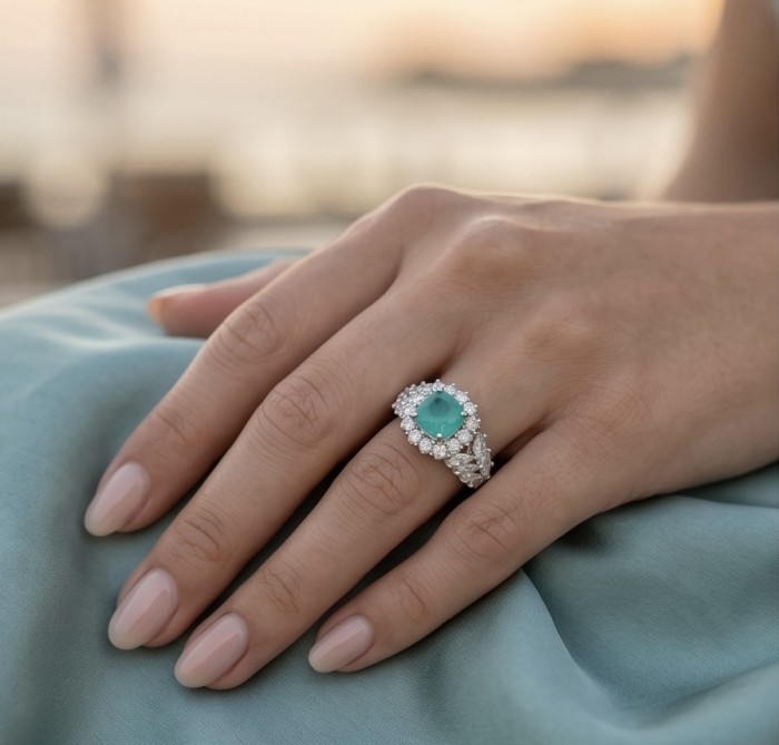 5.4 carat natural Colombian Emerald 8.9 carat Moissanite .925 Sterling Silver handmade Statement Ring size 7 1/2 - Emerald and moissanite ring worn on hand, showing front view.