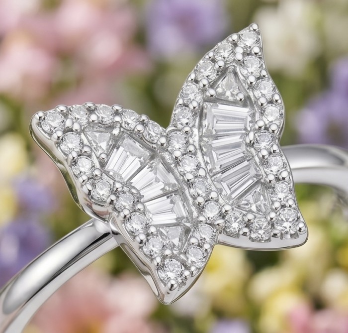 White Butterfly natural 2.5 carat Topaz .925 Sterling Silver handmade Ring size 8 1/4 - Butterfly topaz ring, stone close-up, sterling silver detailing