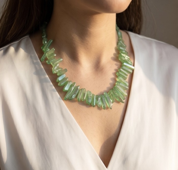 Mint-Green Halite Crystal Cluster .925 Sterling Silver handmade Necklace - Mint-green halite crystal necklace worn on neck, front view.