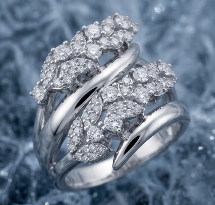 Luxurious - 7.2 carat White Topaz Sterling Silver handcrafted ring size 7 - Close-up of luxurious white topaz sterling silver ring on icy background.
