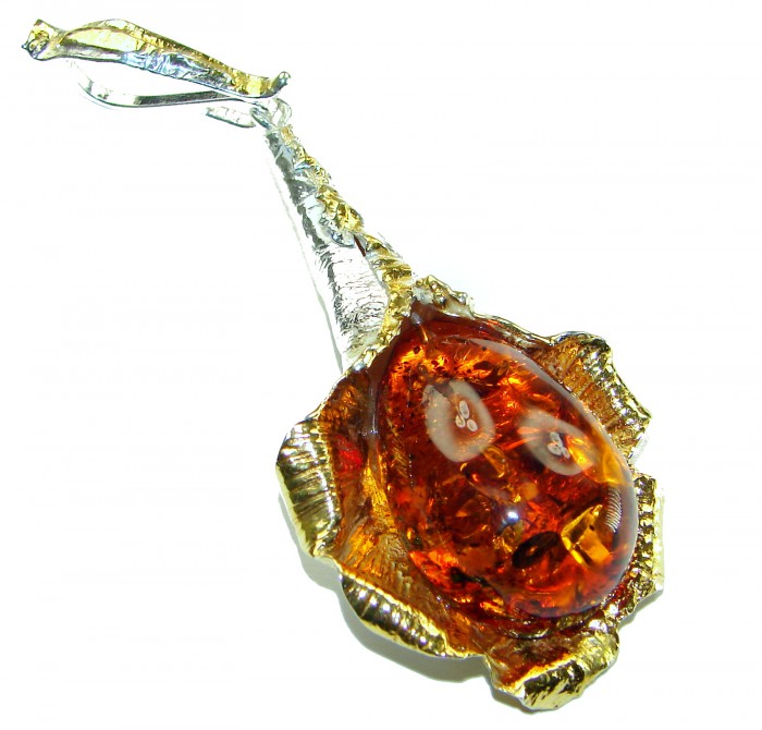 Masterpiece Golden Natural Baltic Amber 14K Gold over .925 Sterling Silver handmade Pendant - photo 2