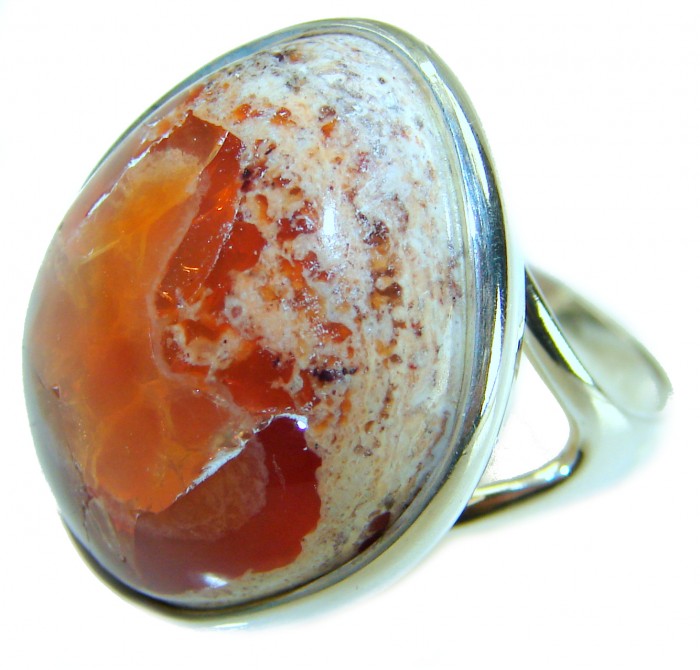 24.5 carat Authentic Mexican Opal .925 Sterling Silver handcrafted ring size 8 3/4 - Close-up of 24.5 carat Mexican Opal in .925 Sterling Silver setting.